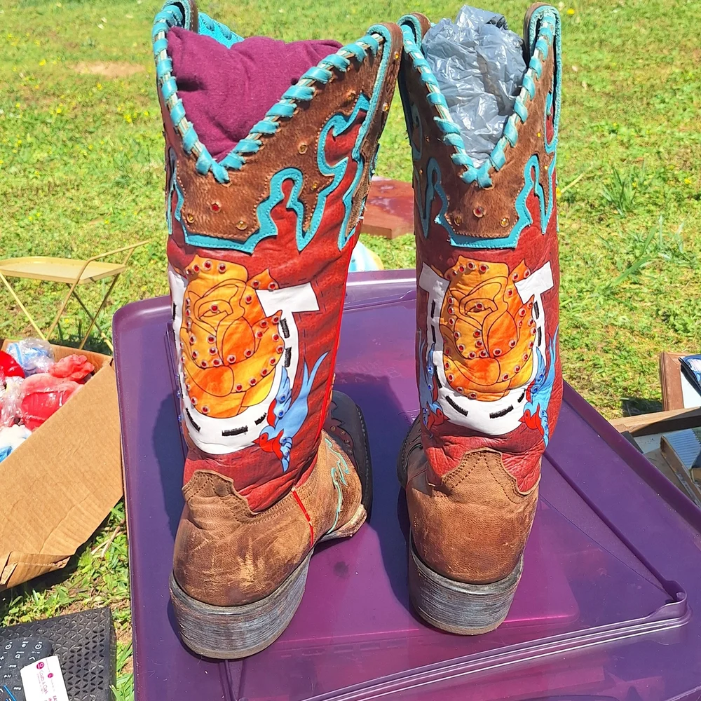 Ariat Quincy Bronco Boots Billie Red 7.5 Painted Cowgirl Western Cowboy Rare - Picture 7 of 15